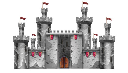 Medieval castle, magic fantasy fortress isolated on white, vector stone palace game illustration. Ancient king tower, entrance gate, royal gothic UI architecture clipart roof. Medieval castle exterior © Oleksandra