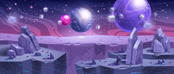 Space background, alien planet landscape, cosmic purple rocks, vector cartoon fantasy game banner. Neon futuristic cosmos illustration, night sky stars, fantastic stone surface. Space background © Oleksandra
