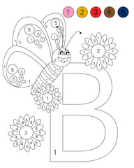 Coloring book alphabet with animals. ABC coloring book for kids with numbers. B is for the butterfly.