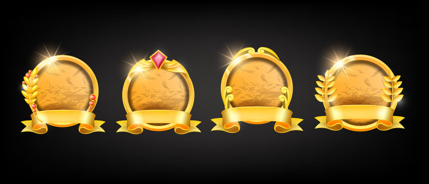 Golden game frame set, gemstone medieval RPG ranking icon, vector UI avatar level up circle border kit. Winner award design element, fantasy collection, royal ancient reward panel. Game frame clipart