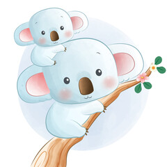 Cute mom and baby koala watercolor illustration