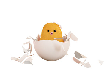 Easter chicken hatched from an egg, 3d render. Newborn chick hatches from an egg, isolated on a white background