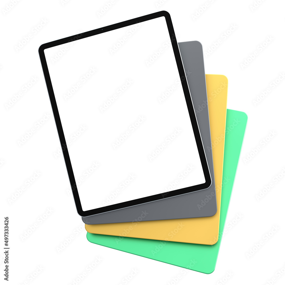 Poster set of computer tablets with cover case and blank screen isolated on white.
