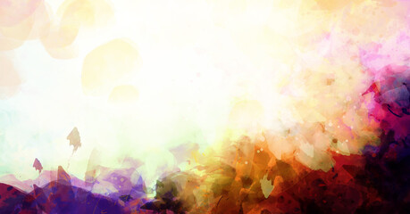 Multicolored abstract watercolor with splashes and drops of paint on a white background text space