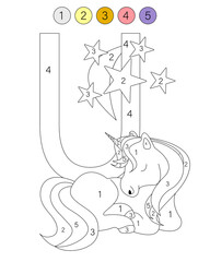 Coloring book alphabet with animals. ABC coloring page for kids with numbers. U is for unicorns.