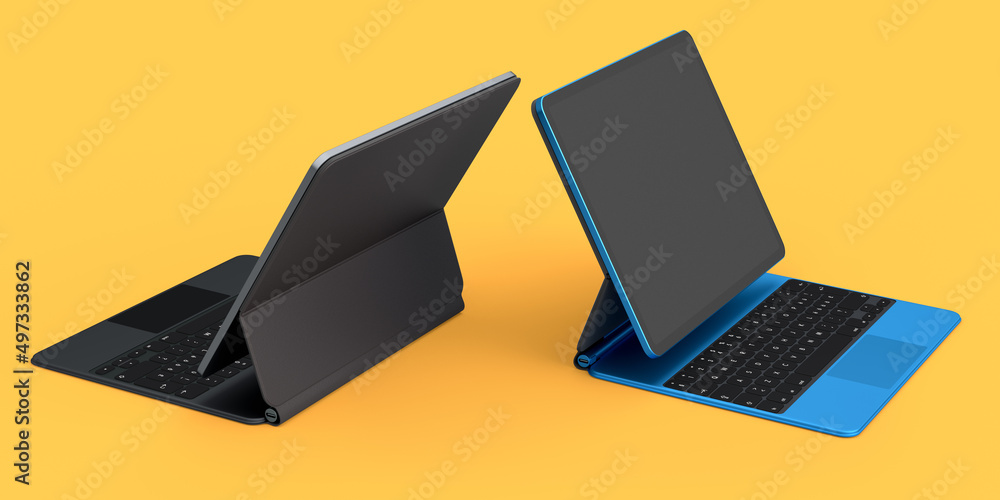 Aufkleber set of computer tablet with keyboard and blank screen isolated on yellow.
