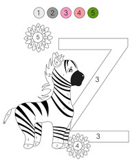 Coloring book alphabet with animals. ABC coloring page for kids with numbers. Z is for zebra.