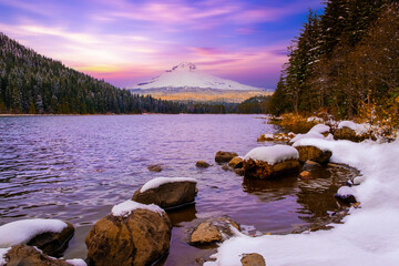 Mount Hood reflecting in Trillium Lake at sunset, National Forest, Oregon,USA