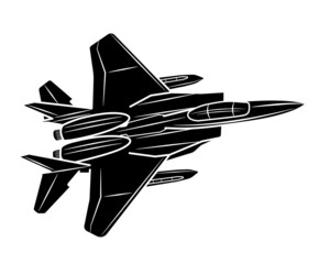 Black silhouette vector cartoon fighter. Combat aircraft in isolate on a white background.