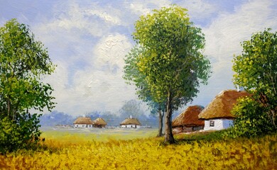 Oil paintings rural landscape, old village in Ukraine, landscape with tree, landscape with a tree and a house. Fine art - 497335016