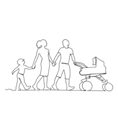 Continuous line drawing of happy family dad, mom, and child. Dad is driving a stroller. Single line art concept of small family. Vector illustration	
