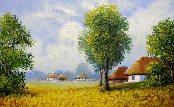 Oil paintings rural landscape, old village in Ukraine, landscape with tree, landscape with a tree and a house. Fine art