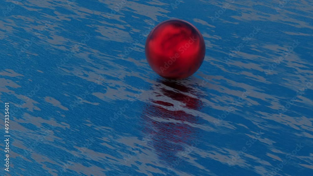 Poster a red sphere with a texture rolls across the green floor. looped animation. 3d render