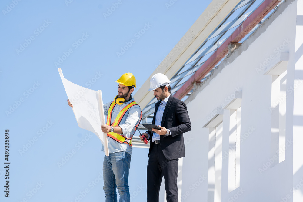 Aufkleber engineer with business manager are talking in construction site,project owner with blueprint working