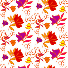 Vector seamless half-drop pattern, with leaves and flowers