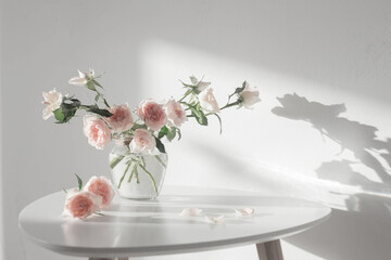 pink roses in glass jar on white modern table on background white wall