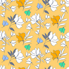 Vector seamless half-drop pattern, with leaves and flowers