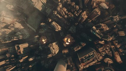 Aerial view of 3 explosions in cener of huge city. Apocalyptic cityscape and war concept. - Powered by Adobe