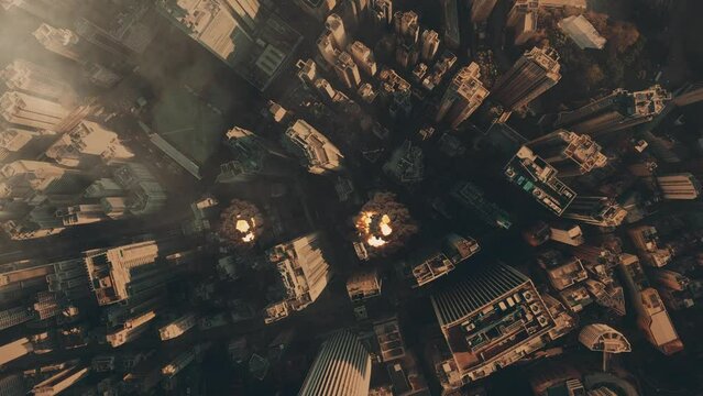Aerial view of 3 explosions in cener of huge city. Apocalyptic cityscape and war concept.