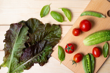 fresh vegetables-cucumbers, tomatoes, green peas, basil and lettuce leaves, lie on a wooden surface