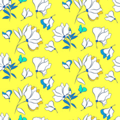 Vector seamless half-drop pattern, with leaves and flowers