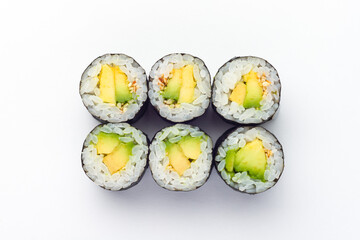 Rolls on a white background, rolls and sushi, sushi with different fillings