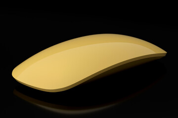Realistic gold wireless computer mouse with touch isolated on black background.