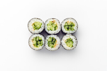 Rolls on a white background, rolls and sushi, sushi with different fillings