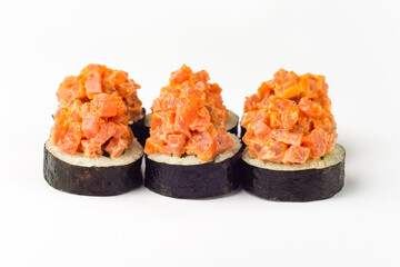 Rolls on a white background, rolls and sushi, sushi with different fillings