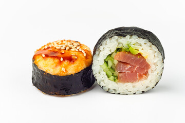 Rolls on a white background, rolls and sushi, sushi with different fillings