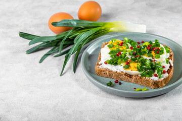 Sandwich with curd cheese, boiled egg and green onions, sprinkled with pink pepper on a light...