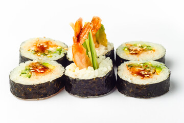 Rolls on a white background, rolls and sushi, sushi with different fillings