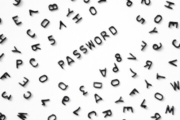 password from black letters on a white background, English letters around, strong password