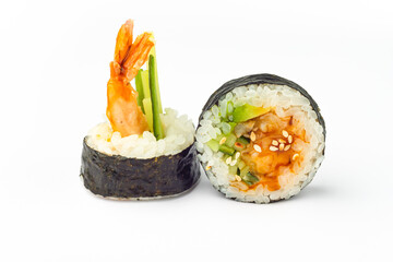 Rolls on a white background, rolls and sushi, sushi with different fillings