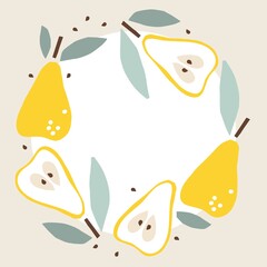 Pear frame. Round seasonal fruit border. Pear isolated frame with copy space. Summer tropical background with pears. For poster, banner, cover, invitation For text, save date, photo.