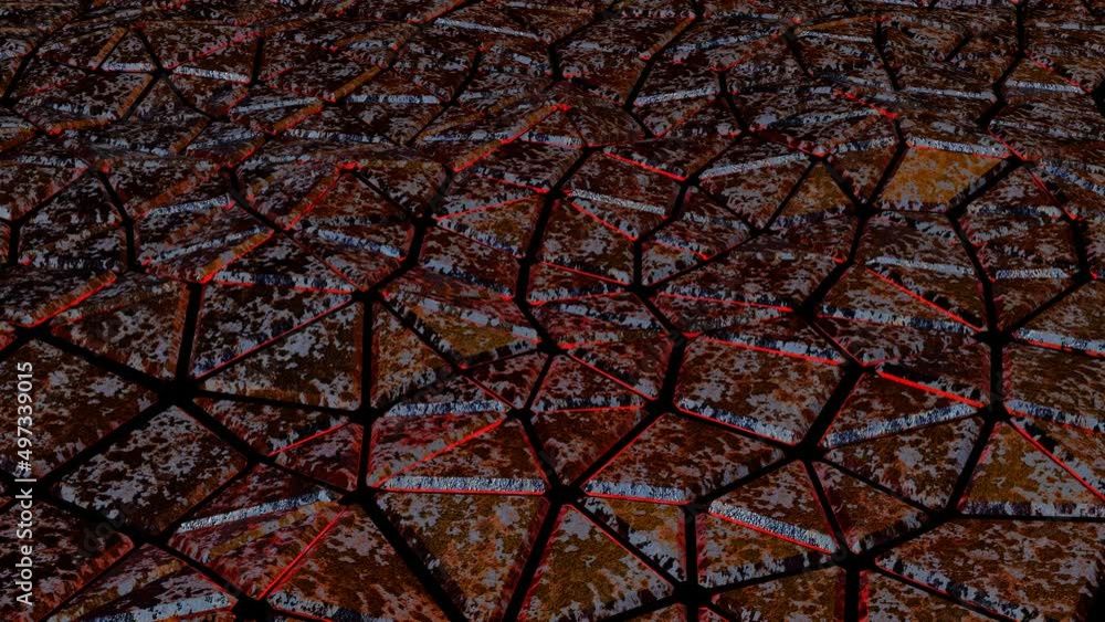 Poster abstract background from metal three-dimensional triangular tiles. wave motion. looped animation. 3d