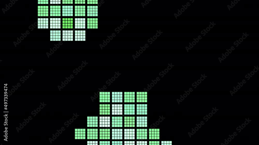 Poster retro background with moving mosaic squares on black background. design. colored squares randomly mo