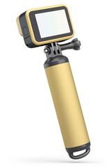Photo and video lightweight yellow action camera with monopod on white