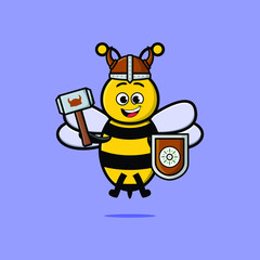 Cute cartoon character Bee viking pirate with hat and holding hammer and shield in cute style design 