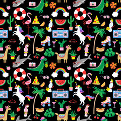 Seamless summer pattern with cute funny animals and plants