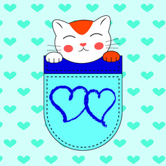 Cute cartoon character white and ginger kitten in a pocket. Doodle character. Vector illustration