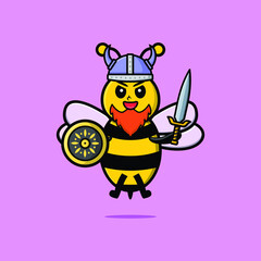 Cute cartoon character Bee viking pirate with hat and holding sword and shield in cute modern style design 