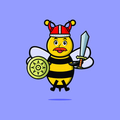 Cute cartoon character Bee viking pirate with hat and holding sword and shield in cute modern style design 