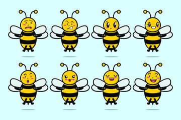 Set kawaii bee cartoon character with different expressions of cartoon face vector illustrations