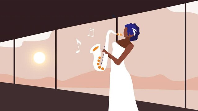 afro female musician playing saxophone character