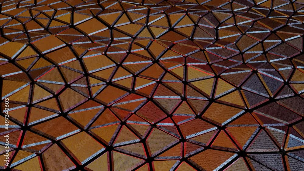 Poster abstract background from metal three-dimensional triangular tiles. wave motion. looped animation. 3d