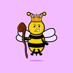 Cute cartoon bee mascot as wise king with golden crown and wooden stick