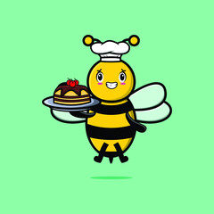 Cute Cartoon chef bee character serving cake on tray cute style design in 3d cartoon style concept