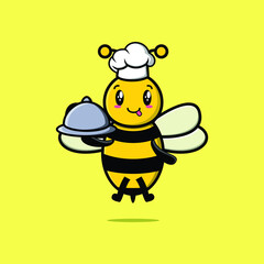 Obraz premium Cute Cartoon chef bee mascot character serving food on tray cute style design