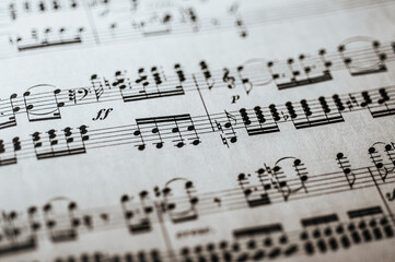 Macro photo of complicated sheet music in bass and treble clef for piano with Italian notation